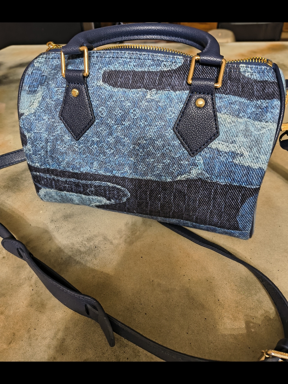 Blue Denim Patterned Speedy Crossbody Bag